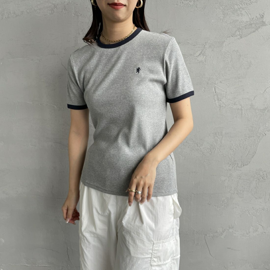 Gymphlex [ジムフレックス] クルーネックリンガーTシャツ [GY-C0326VRL] H.GRY/NVY &&モデル身長：163cm 着用サイズ：14&&