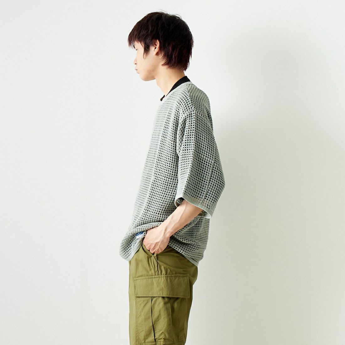 ARMY TWILL SANFORIZED [アーミーツイル サンフォライズド] コットンメッシュ ハーフスリーブTシャツ [AM-2413009] L.KHAKI &&モデル身長：182cm 着用サイズ：L&&