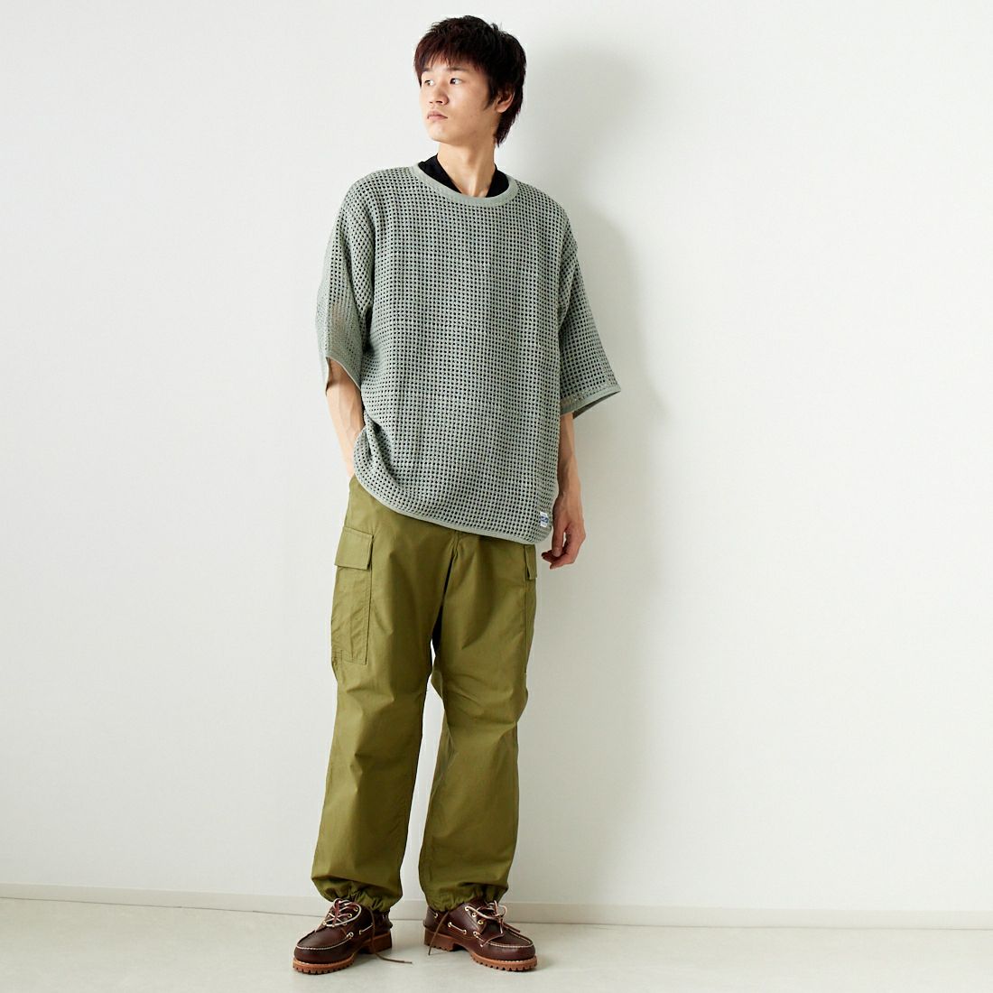 ARMY TWILL SANFORIZED [アーミーツイル サンフォライズド] コットンメッシュ ハーフスリーブTシャツ [AM-2413009] L.KHAKI &&モデル身長：182cm 着用サイズ：L&&