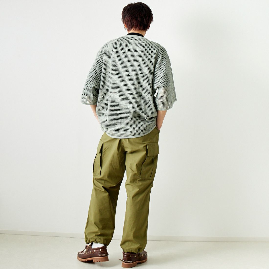 ARMY TWILL SANFORIZED [アーミーツイル サンフォライズド] コットンメッシュ ハーフスリーブTシャツ [AM-2413009] L.KHAKI &&モデル身長：182cm 着用サイズ：L&&