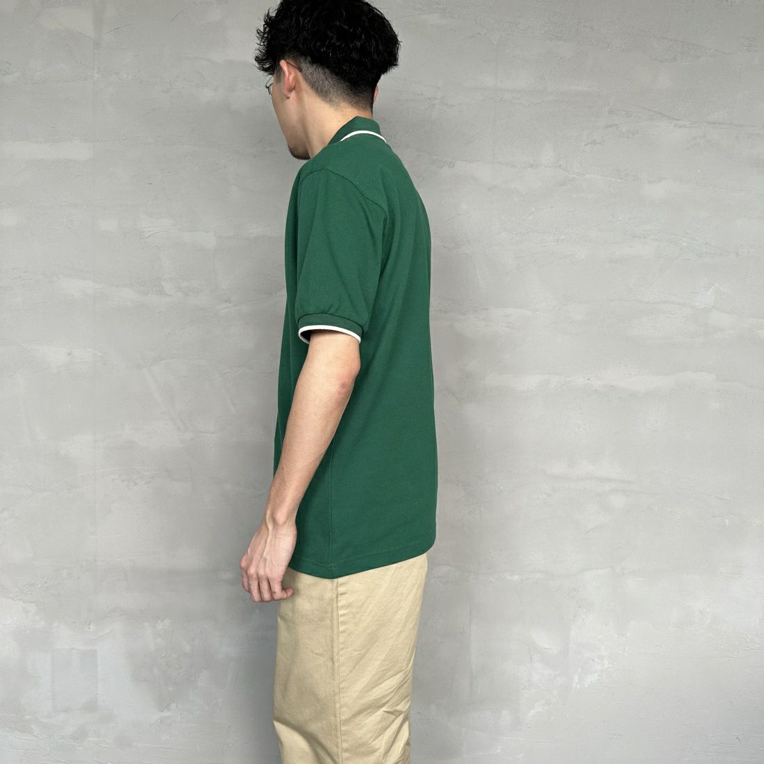 THE FOX [ザフォックス] 別注 ワンポイントロゴポロシャツ [JF24SS-05-JF] GREEN &&モデル身長：168cm 着用サイズ：L&&