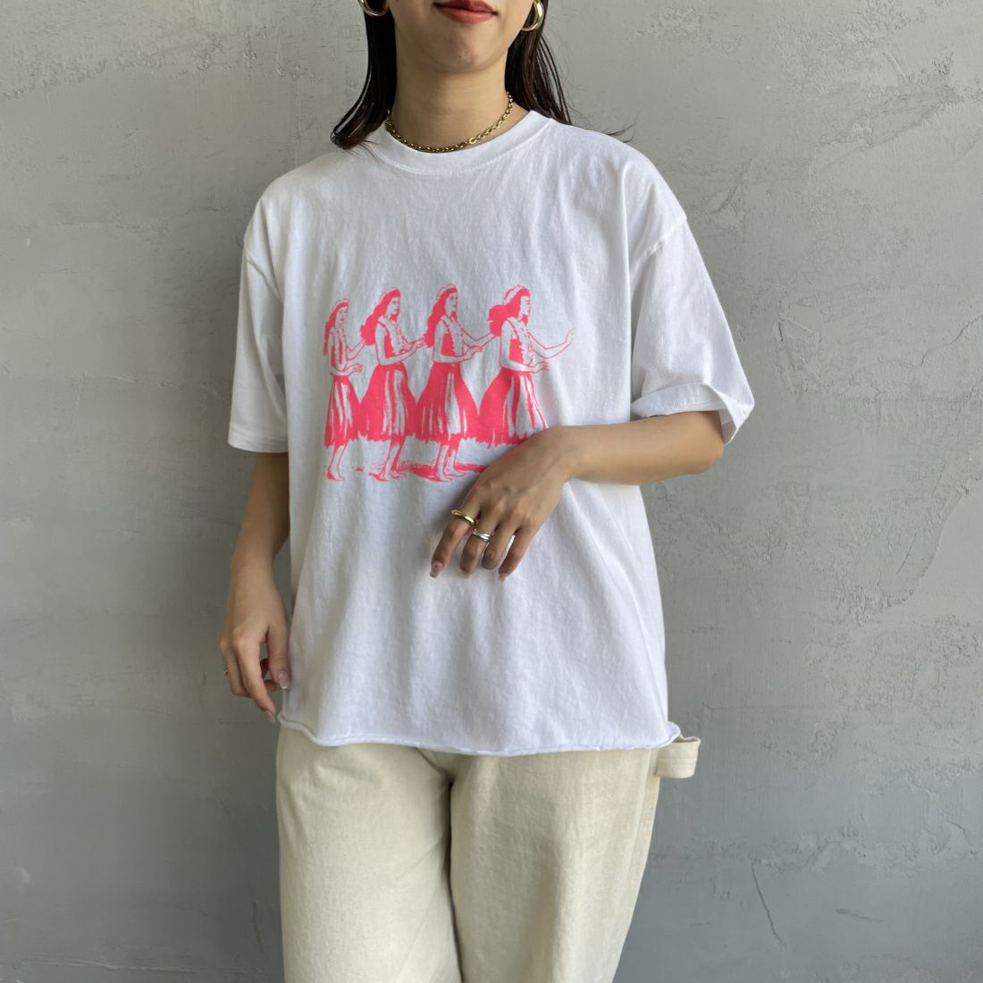 FUNG [ファング] HULA GIRLS カットオフプリントTシャツ [HULA-GIRLS] WHITE/PINK