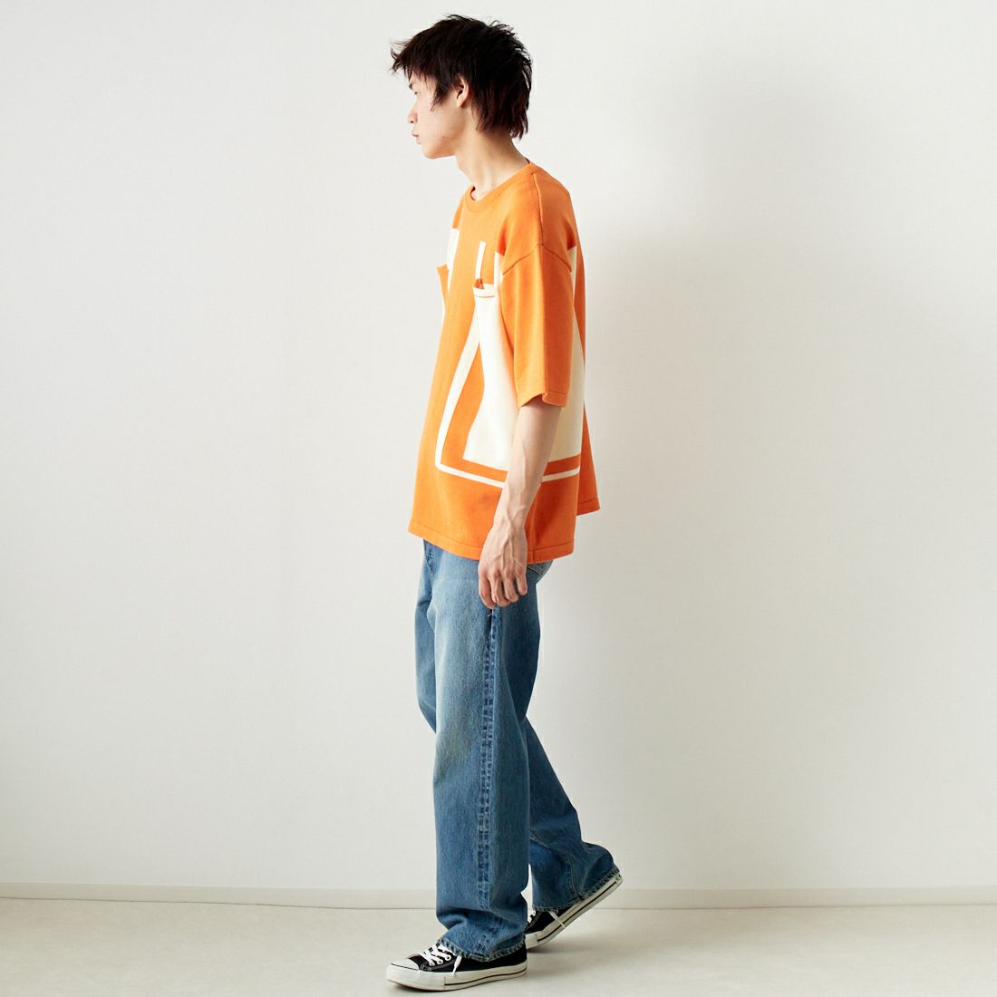 SON OF THE CHEESE [サノバチーズ] マイアミニットTシャツ [SC2410-KN03] ORANGE &&モデル身長：182cm 着用サイズ：L&&
