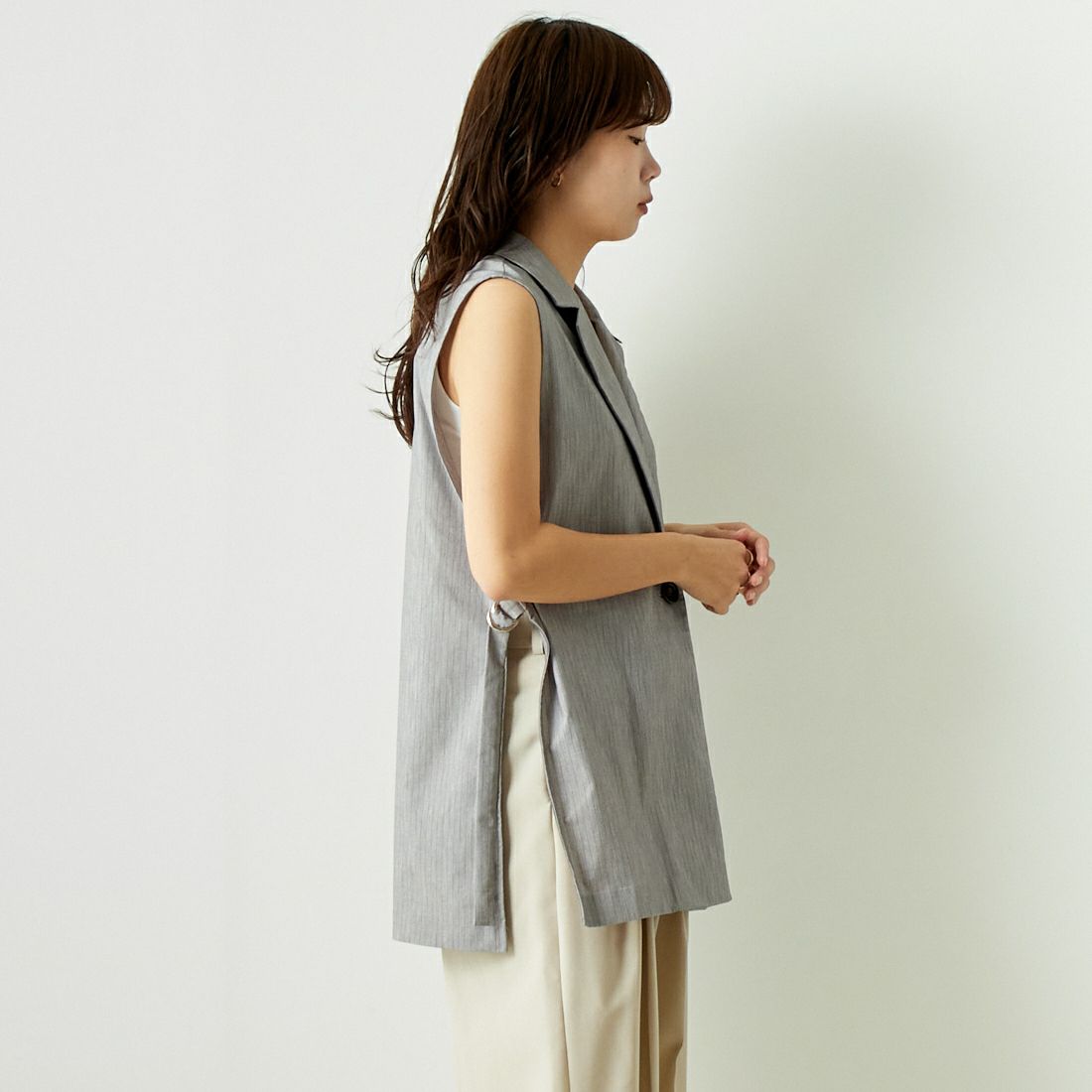Jeans Factory Clothes [ジーンズファクトリークローズ] バックラッシュ ダブルカラーベスト [21242051] 002 ｸﾞﾚｰｽﾄ &&モデル身長：167cm 着用サイズ：F&&