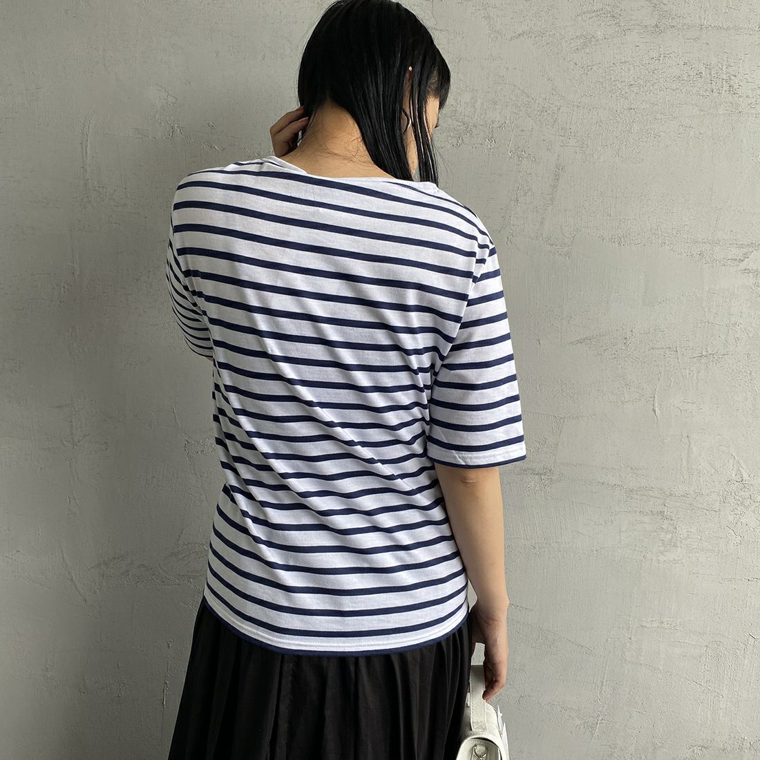 ST.JAMES [セントジェームス] ピアリックボーダーTシャツ [PIRIAC] NEI/MAR&&モデル身長：156cm 着用サイズ：1&&