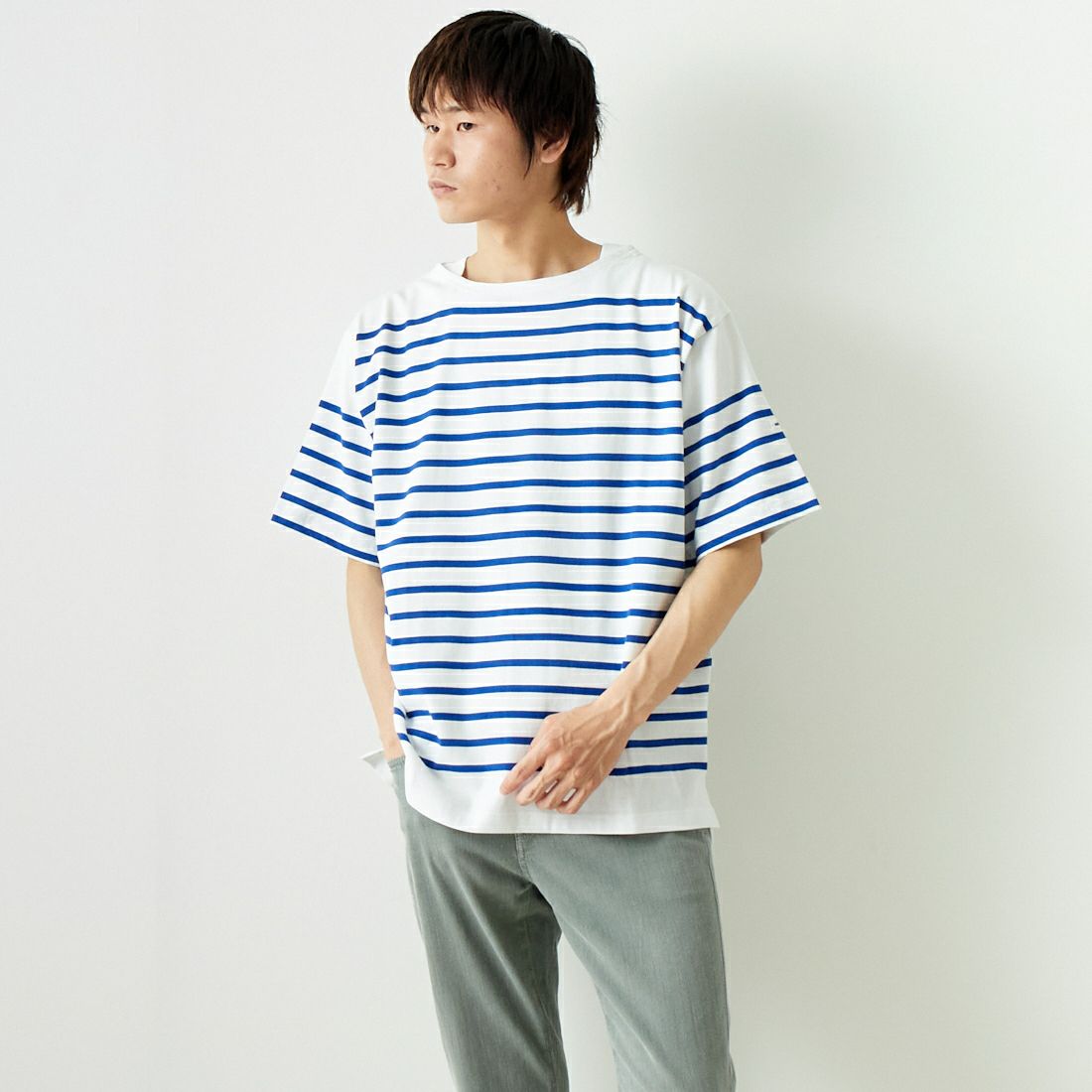 MONT KEMMEL [モンケメル] ショートスリーブバスクシャツ [MKL-000-241010] WHT/BLUE &&モデル身長：182cm 着用サイズ：40&&