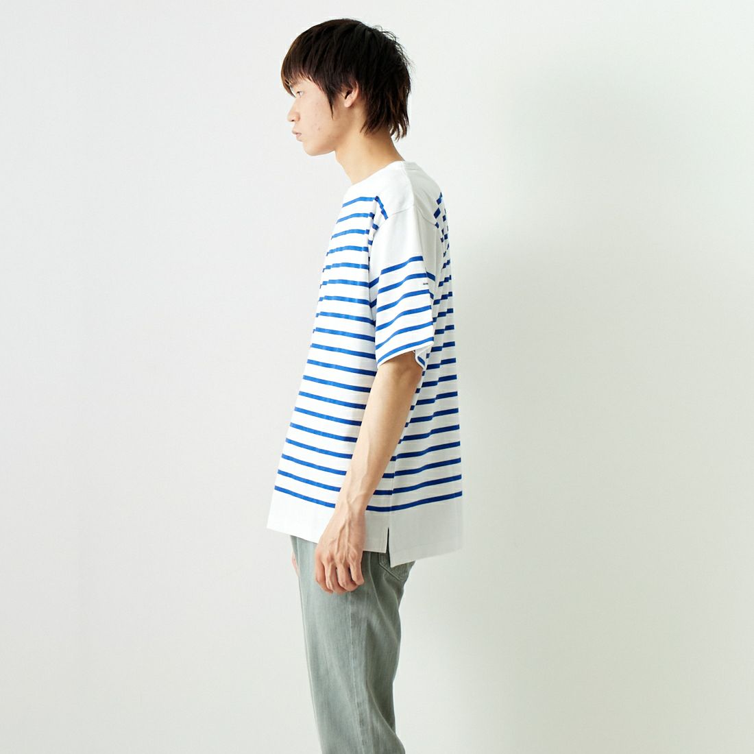 MONT KEMMEL [モンケメル] ショートスリーブバスクシャツ [MKL-000-241010] WHT/BLUE &&モデル身長：182cm 着用サイズ：40&&