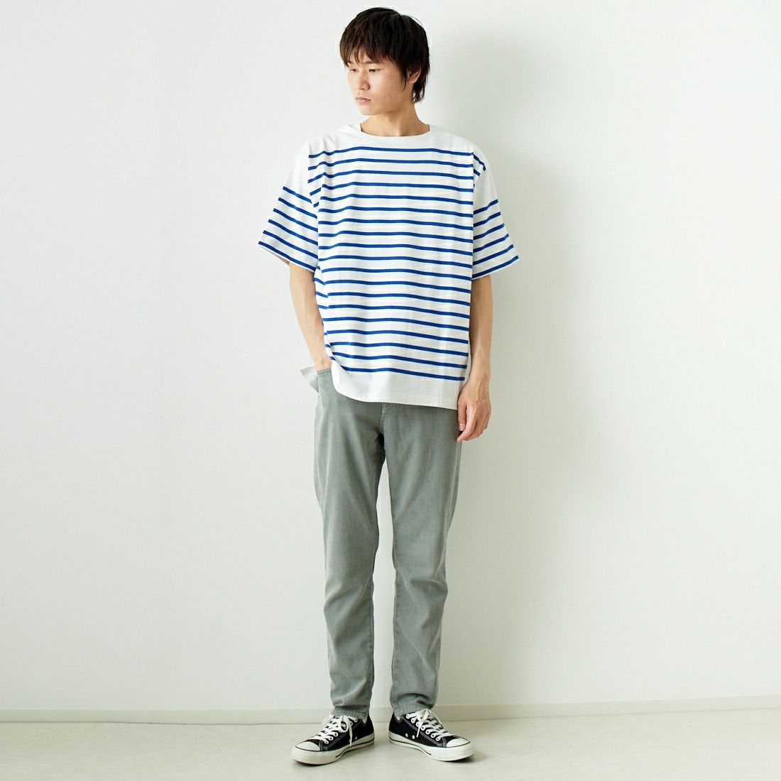 MONT KEMMEL [モンケメル] ショートスリーブバスクシャツ [MKL-000-241010] WHT/BLUE &&モデル身長：182cm 着用サイズ：40&&