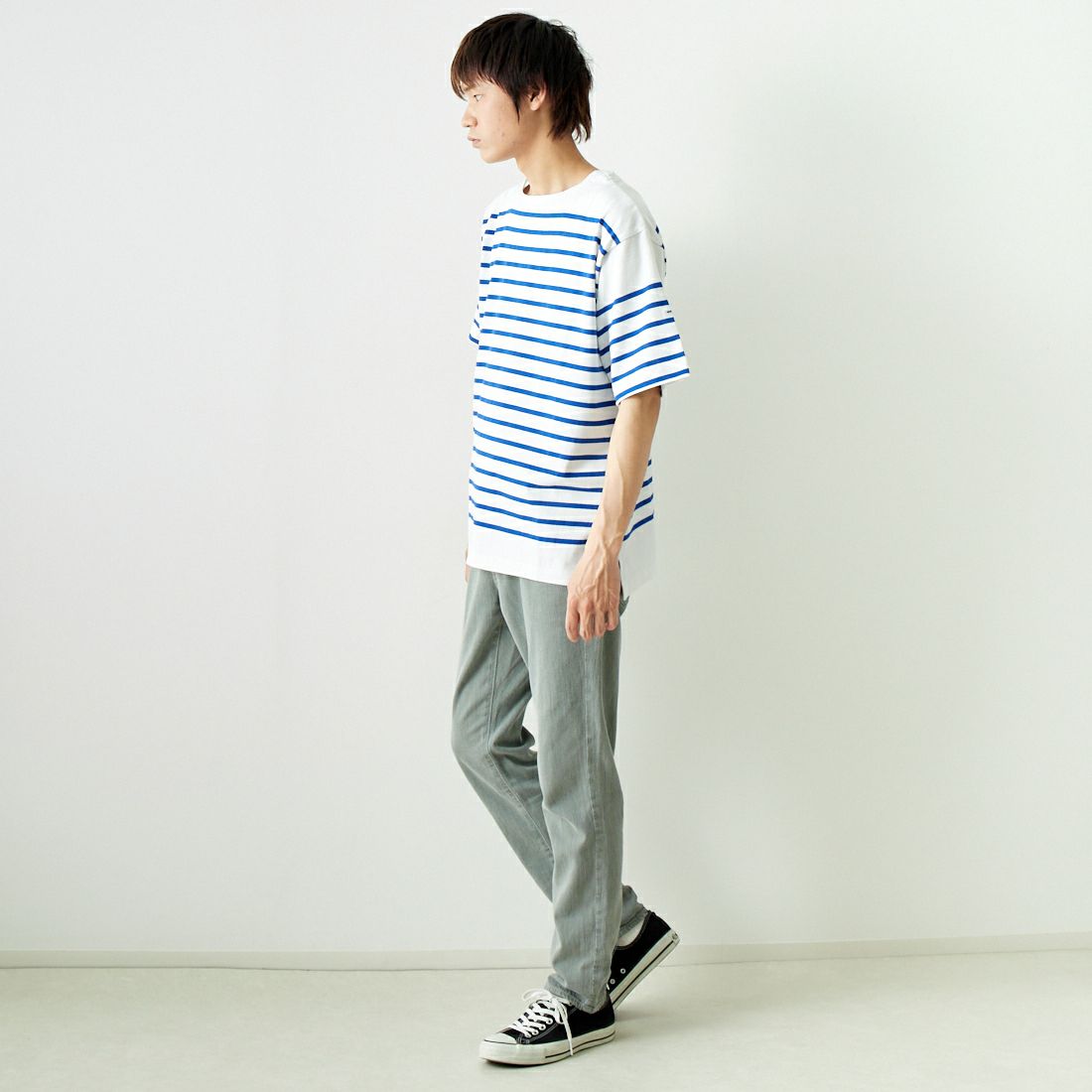 MONT KEMMEL [モンケメル] ショートスリーブバスクシャツ [MKL-000-241010] WHT/BLUE &&モデル身長：182cm 着用サイズ：40&&