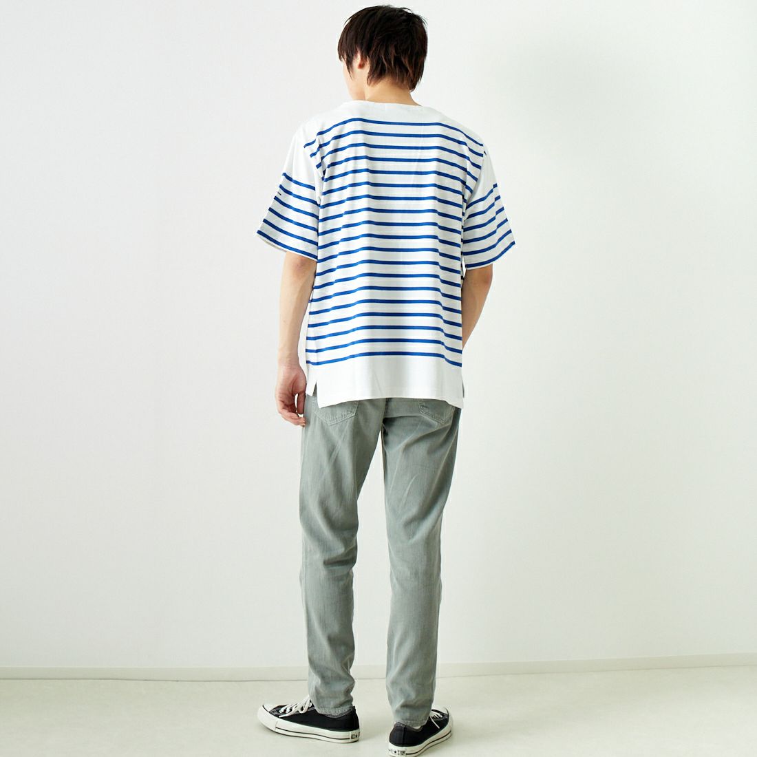 MONT KEMMEL [モンケメル] ショートスリーブバスクシャツ [MKL-000-241010] WHT/BLUE &&モデル身長：182cm 着用サイズ：40&&