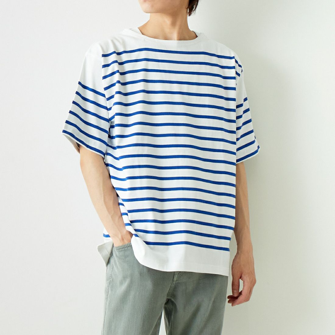 MONT KEMMEL [モンケメル] ショートスリーブバスクシャツ [MKL-000-241010] WHT/BLUE &&モデル身長：182cm 着用サイズ：40&&