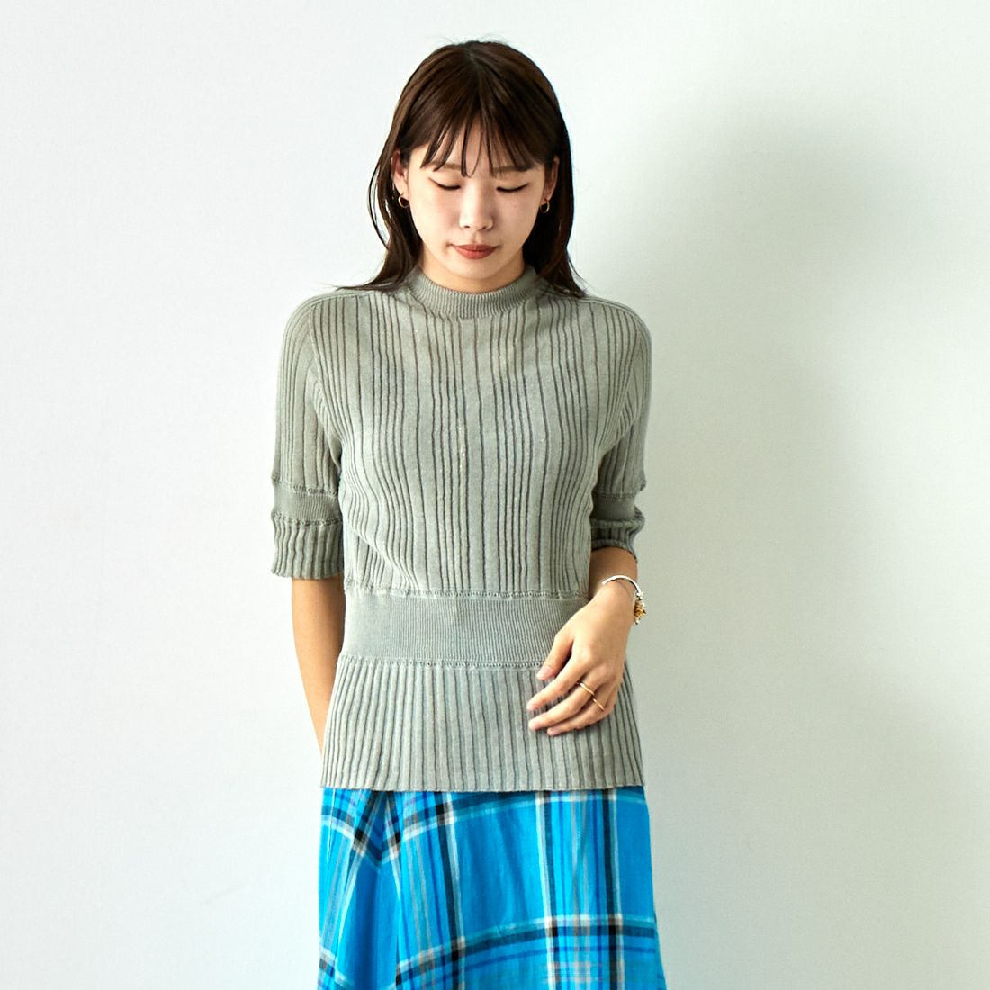 JoICEADDED [ジョイスアディッド] コットンシアー ニットプルオーバー [J241KN05] GREY &&モデル身長：167cm 着用サイズ：F&&