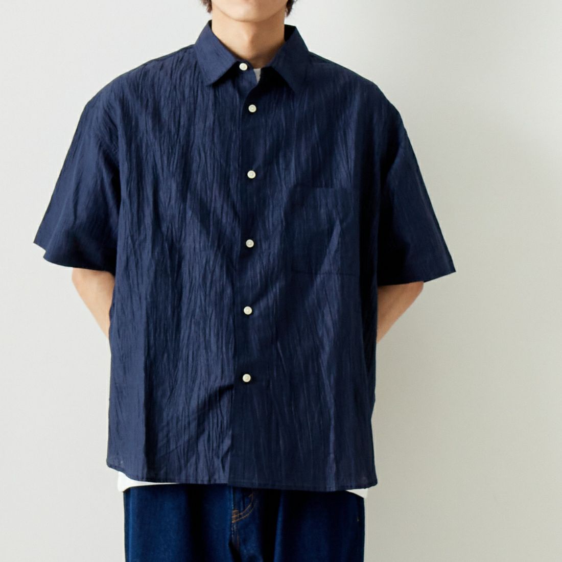 SLICK [スリック] リネンワッシャーレギュラーシャツ [5255863] 210 NAVY &&モデル身長：182cm 着用サイズ：2&&