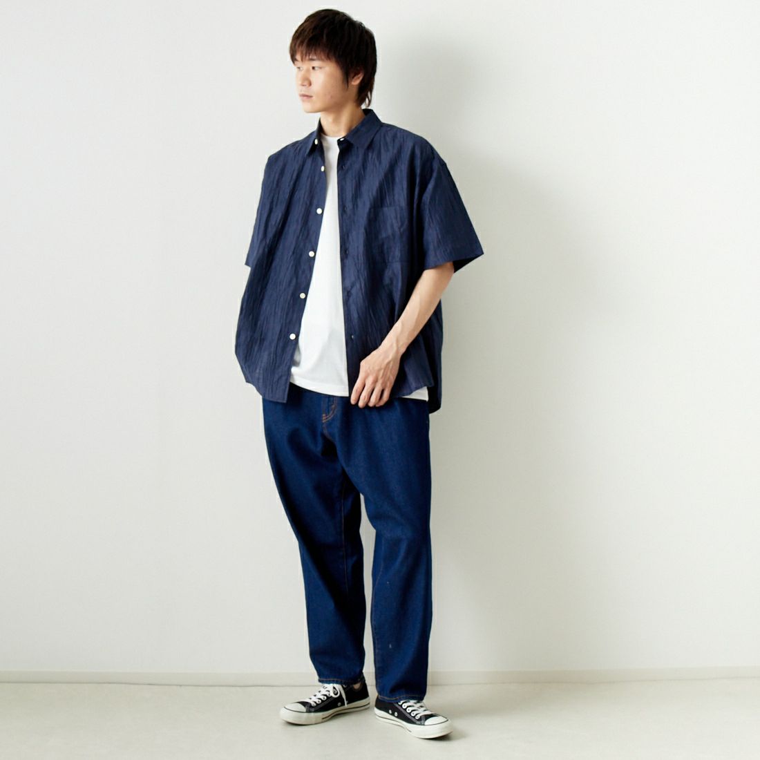 SLICK [スリック] リネンワッシャーレギュラーシャツ [5255863] 210 NAVY &&モデル身長：182cm 着用サイズ：2&&