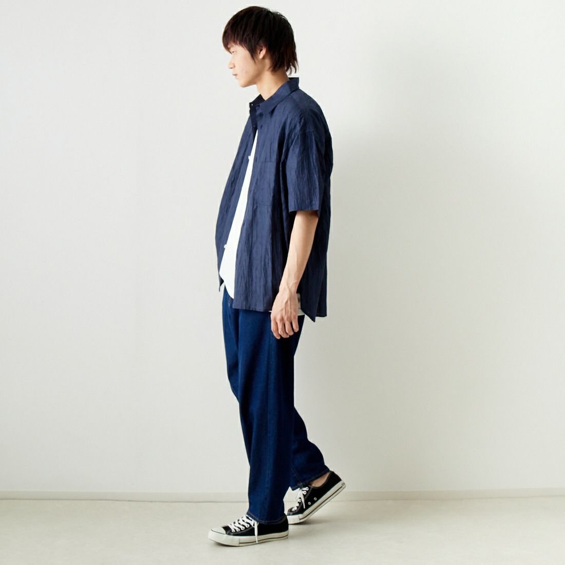 SLICK [スリック] リネンワッシャーレギュラーシャツ [5255863] 210 NAVY &&モデル身長：182cm 着用サイズ：2&&