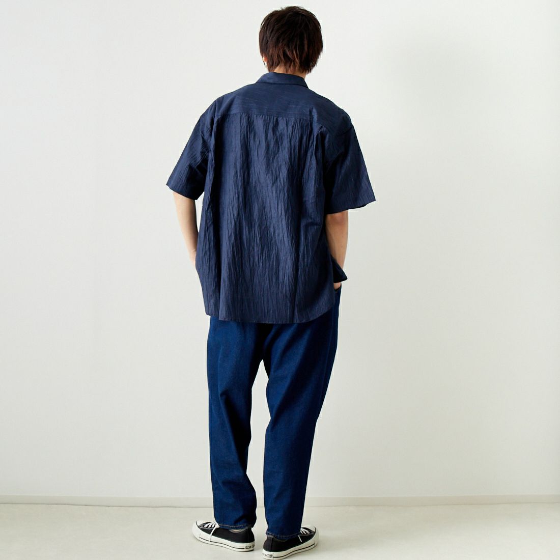 SLICK [スリック] リネンワッシャーレギュラーシャツ [5255863] 210 NAVY &&モデル身長：182cm 着用サイズ：2&&