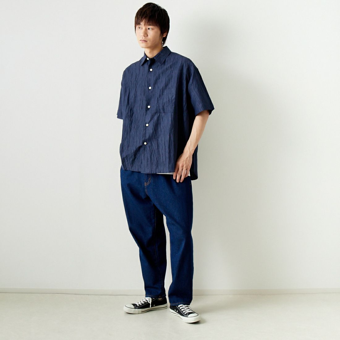 SLICK [スリック] リネンワッシャーレギュラーシャツ [5255863] 210 NAVY &&モデル身長：182cm 着用サイズ：2&&