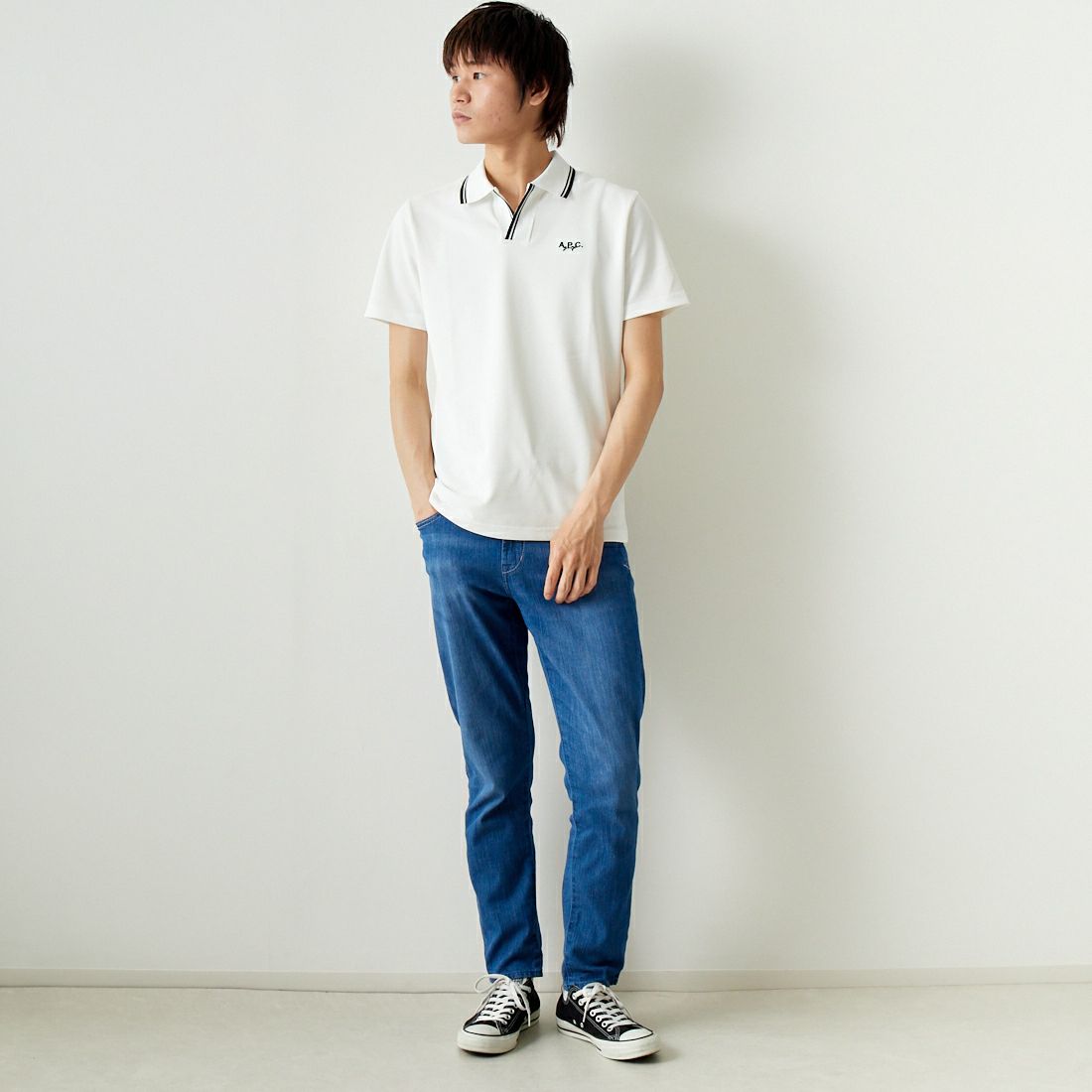 A.P.C. GOLF [アー・ペー・セー ゴルフ] AARON ポロシャツ [CTM4403] WHITE &&モデル身長：182cm 着用サイズ：L&&