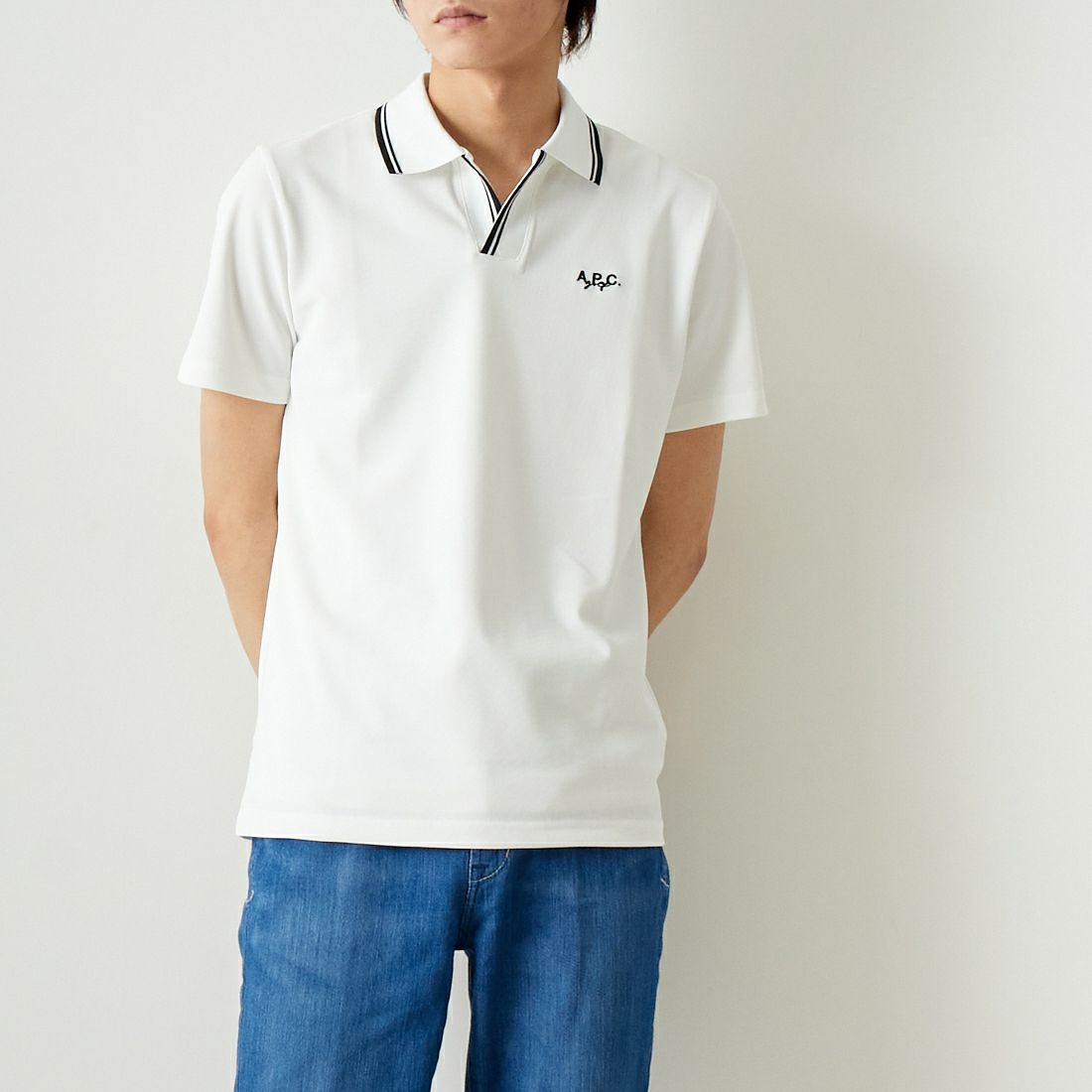 A.P.C. GOLF [アー・ペー・セー ゴルフ] AARON ポロシャツ [CTM4403] WHITE &&モデル身長：182cm 着用サイズ：L&&