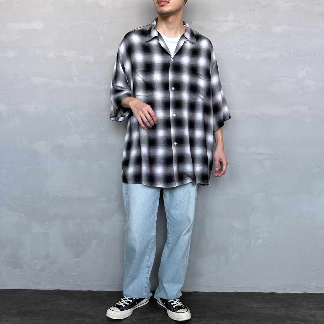 DAN RIVER [ダンリバー] 別注 レーヨンオープンカラーチェックシャツ [DR24S002-JF] BLACK &&モデル身長：168cm 着用サイズ：L&&