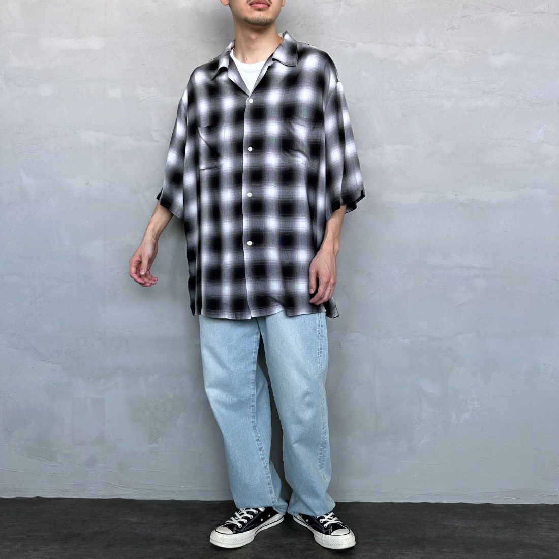 DAN RIVER [ダンリバー] 別注 レーヨンオープンカラーチェックシャツ [DR24S002-JF] BLACK &&モデル身長：168cm 着用サイズ：L&&
