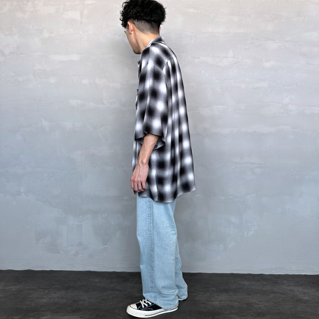 DAN RIVER [ダンリバー] 別注 レーヨンオープンカラーチェックシャツ [DR24S002-JF] BLACK &&モデル身長：168cm 着用サイズ：L&&