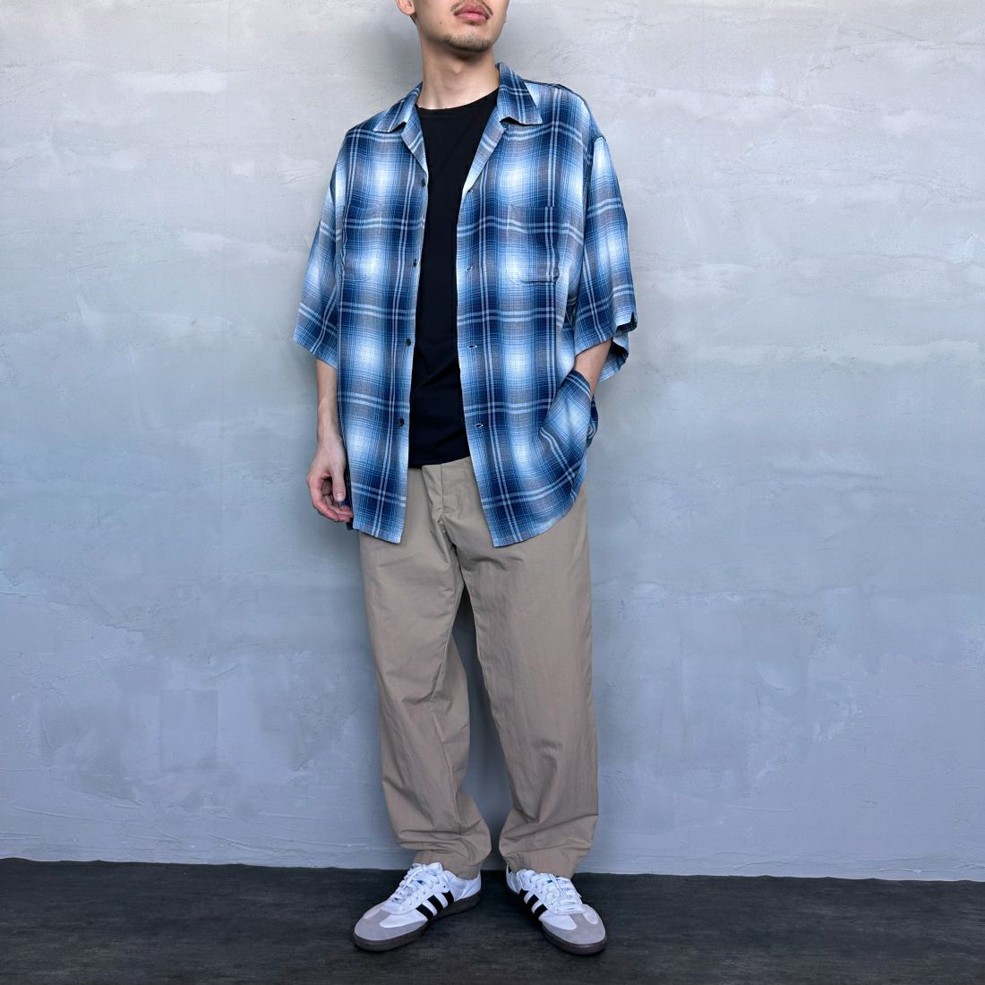 DAN RIVER [ダンリバー] 別注 レーヨンオープンカラーチェックシャツ [DR24S002-JF] BLUE &&モデル身長：168cm 着用サイズ：M&&