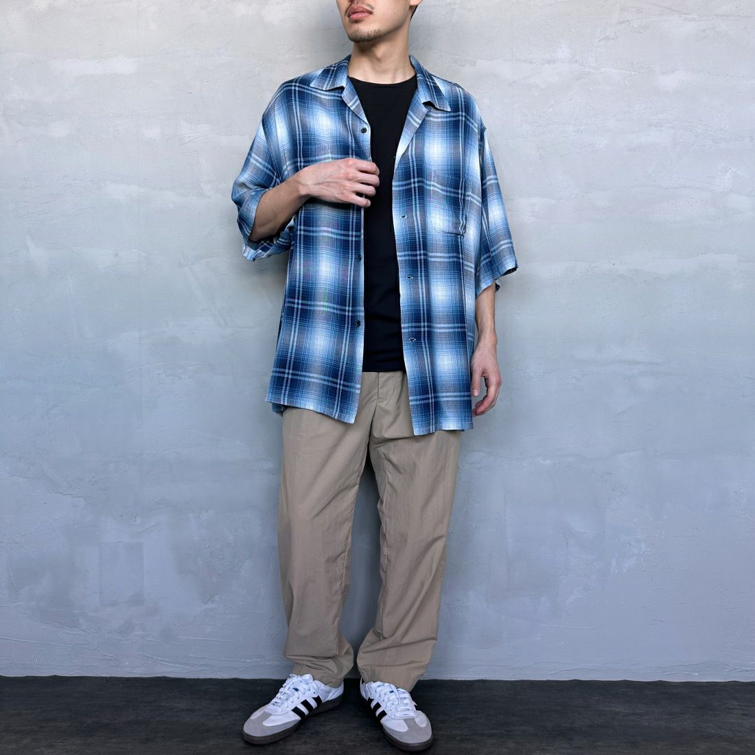 DAN RIVER [ダンリバー] 別注 レーヨンオープンカラーチェックシャツ [DR24S002-JF] BLUE &&モデル身長：168cm 着用サイズ：M&&