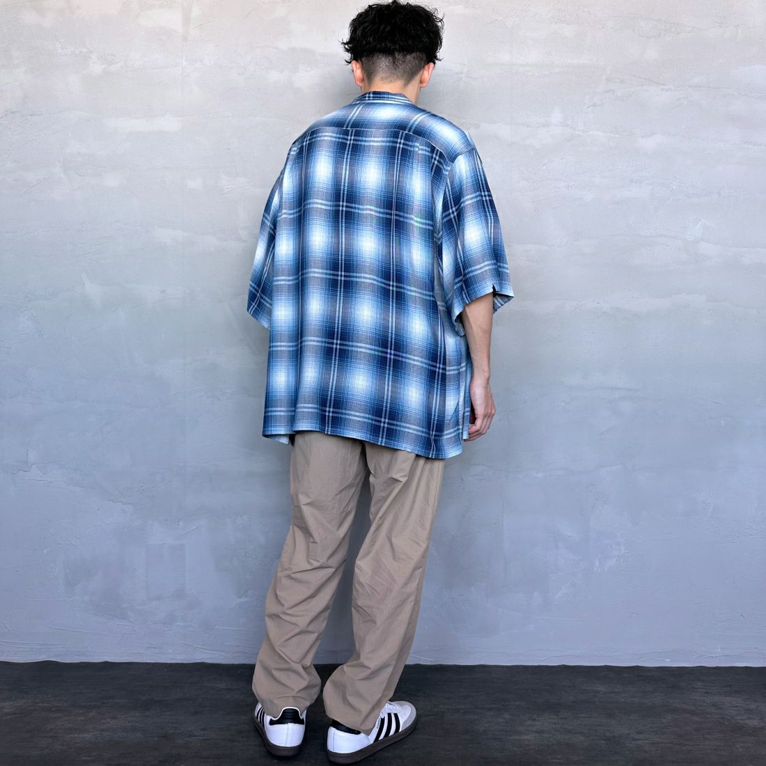 DAN RIVER [ダンリバー] 別注 レーヨンオープンカラーチェックシャツ [DR24S002-JF] BLUE &&モデル身長：168cm 着用サイズ：M&&
