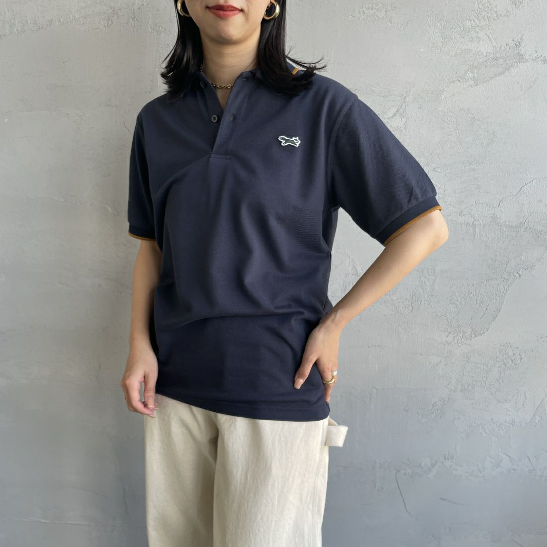 THE FOX [ザフォックス] 別注 ワンポイントロゴポロシャツ [JF24SS-05-JF] NAVY &&モデル身長：163cm 着用サイズ：S&&