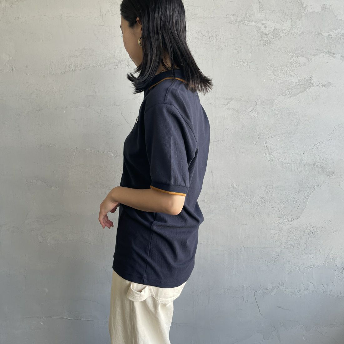 THE FOX [ザフォックス] 別注 ワンポイントロゴポロシャツ [JF24SS-05-JF] NAVY &&モデル身長：163cm 着用サイズ：S&&