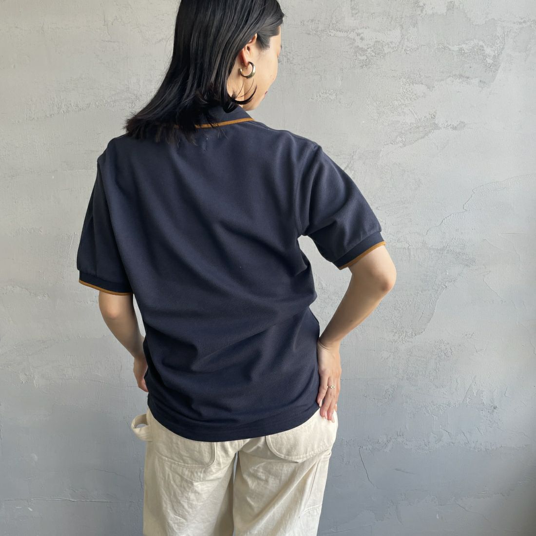 THE FOX [ザフォックス] 別注 ワンポイントロゴポロシャツ [JF24SS-05-JF] NAVY &&モデル身長：163cm 着用サイズ：S&&
