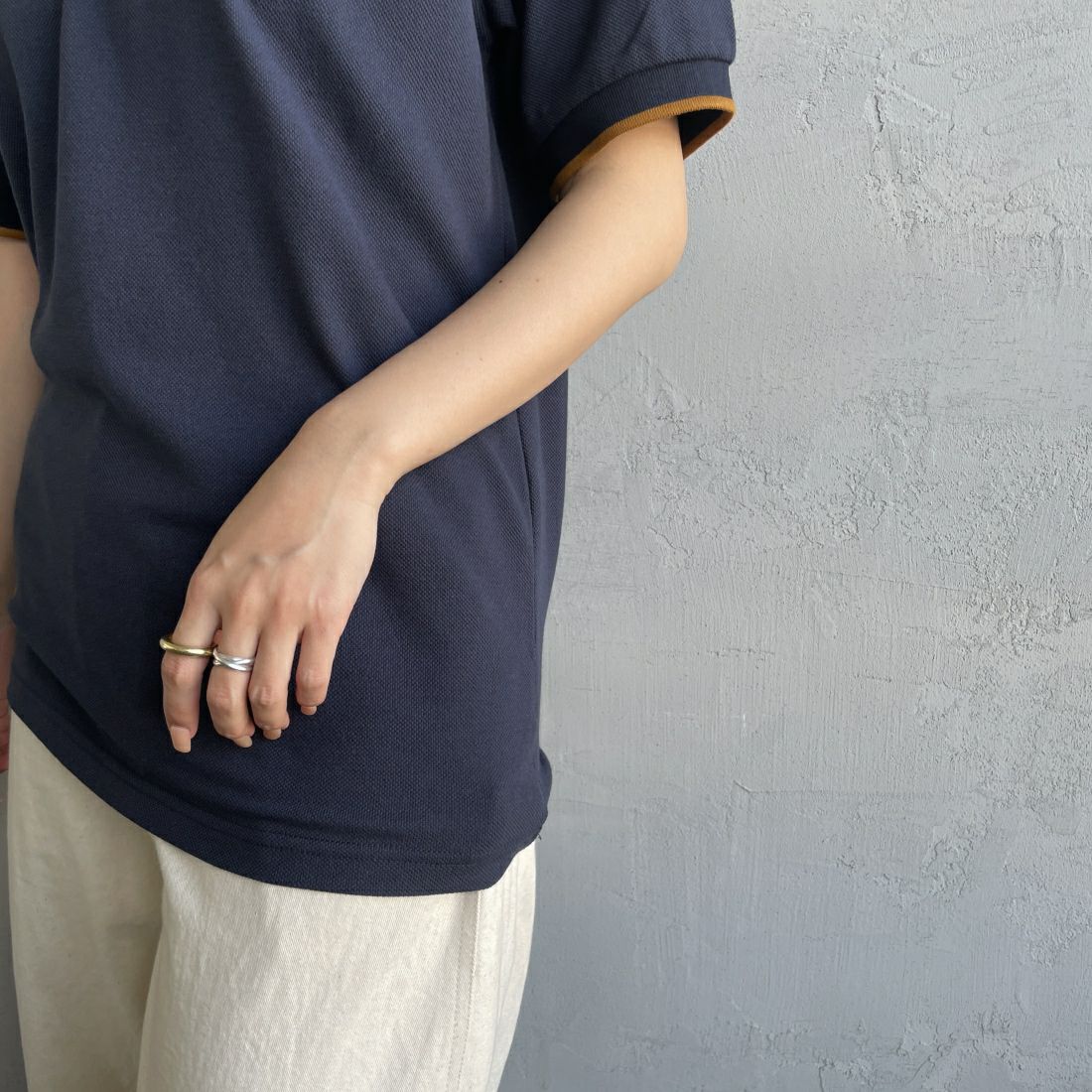 THE FOX [ザフォックス] 別注 ワンポイントロゴポロシャツ [JF24SS-05-JF] NAVY &&モデル身長：163cm 着用サイズ：S&&