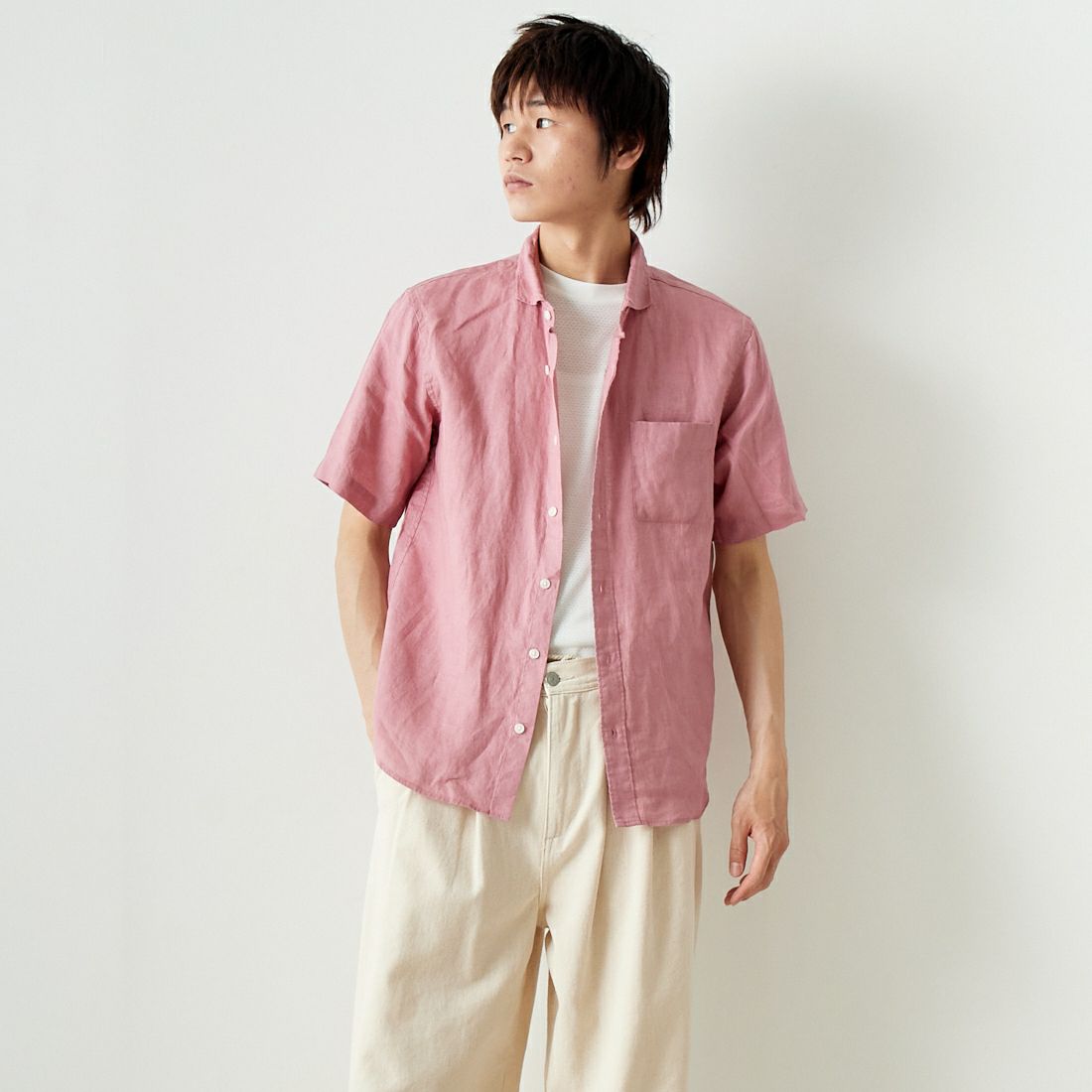 33Degrees [サーティスリーディグリーズ] フレンチリネン ショートスリーブシャツ [BFP610] 110 PINK &&モデル身長：182cm 着用サイズ：L&&