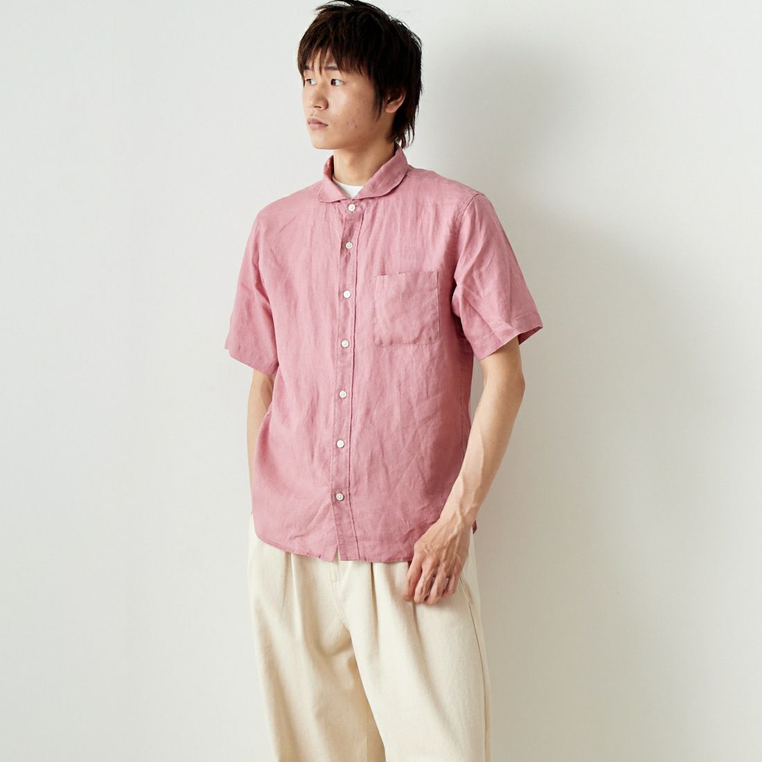 33Degrees [サーティスリーディグリーズ] フレンチリネン ショートスリーブシャツ [BFP610] 110 PINK &&モデル身長：182cm 着用サイズ：L&&