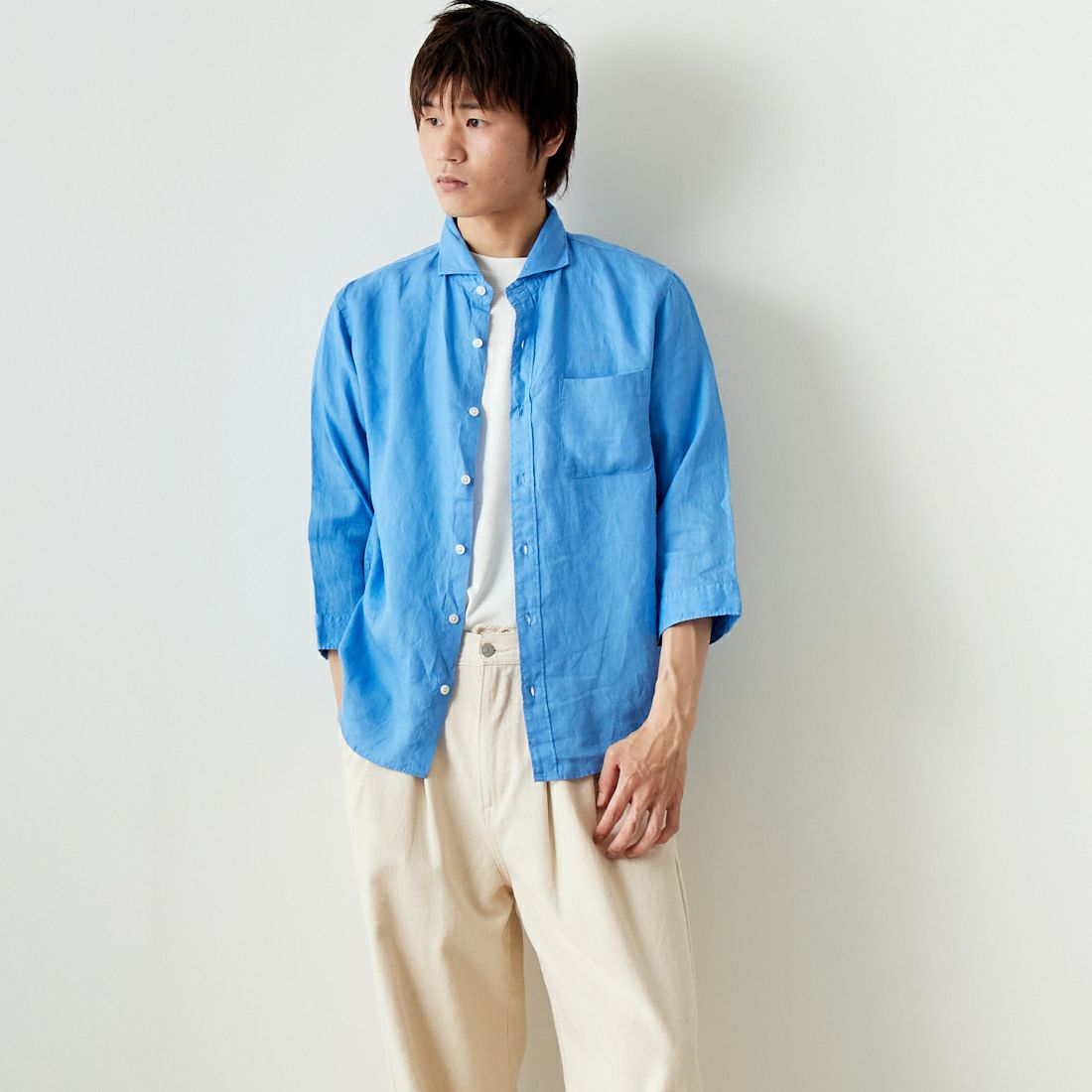 33Degrees [サーティスリーディグリーズ] フレンチリネン 七分袖シャツ [BFQ210] 520 BLUE &&モデル身長：182cm 着用サイズ：L&&