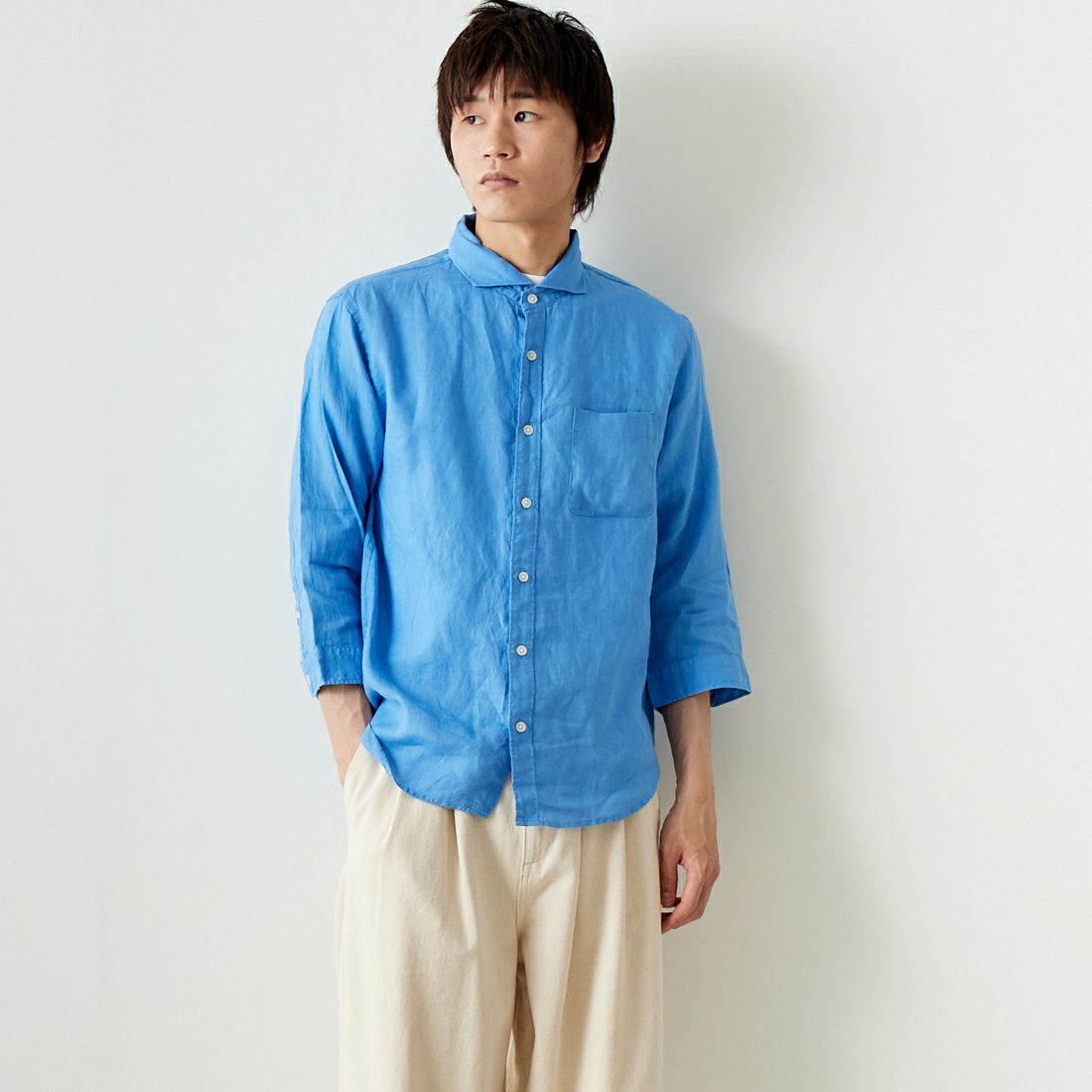 33Degrees [サーティスリーディグリーズ] フレンチリネン 七分袖シャツ [BFQ210] 520 BLUE &&モデル身長：182cm 着用サイズ：L&&