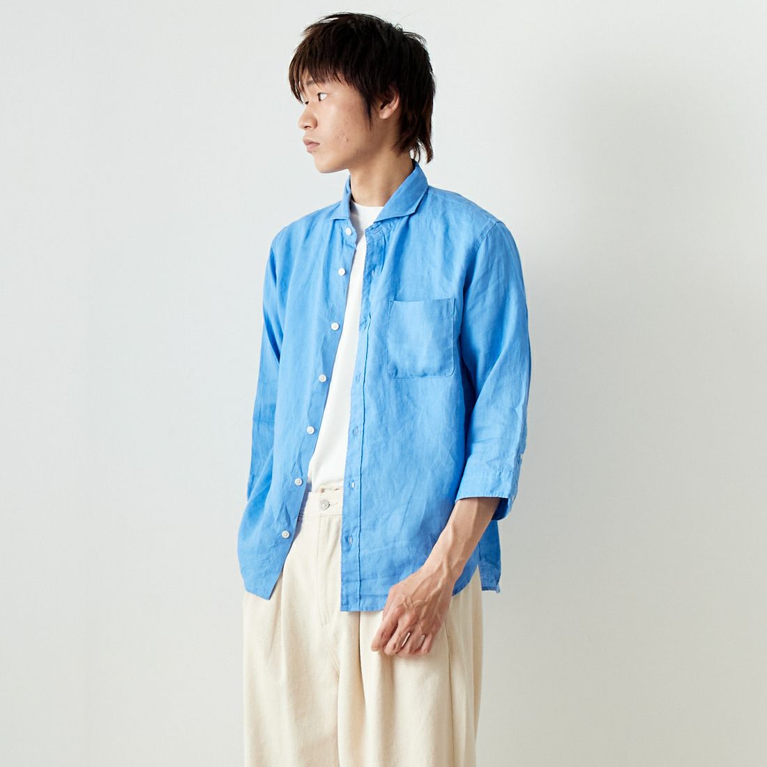 33Degrees [サーティスリーディグリーズ] フレンチリネン 七分袖シャツ [BFQ210] 520 BLUE &&モデル身長：182cm 着用サイズ：L&&