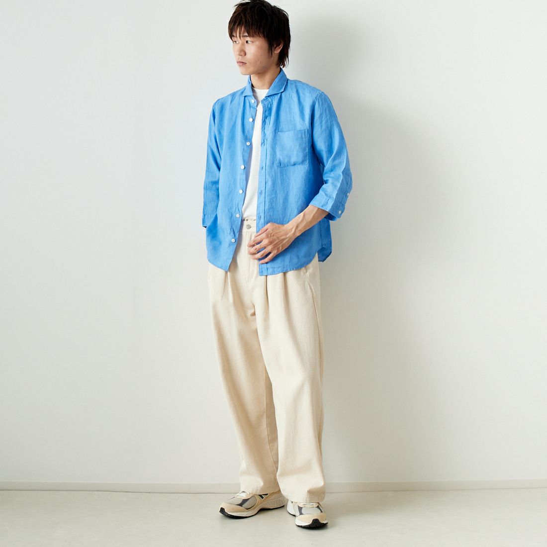 33Degrees [サーティスリーディグリーズ] フレンチリネン 七分袖シャツ [BFQ210] 520 BLUE &&モデル身長：182cm 着用サイズ：L&&