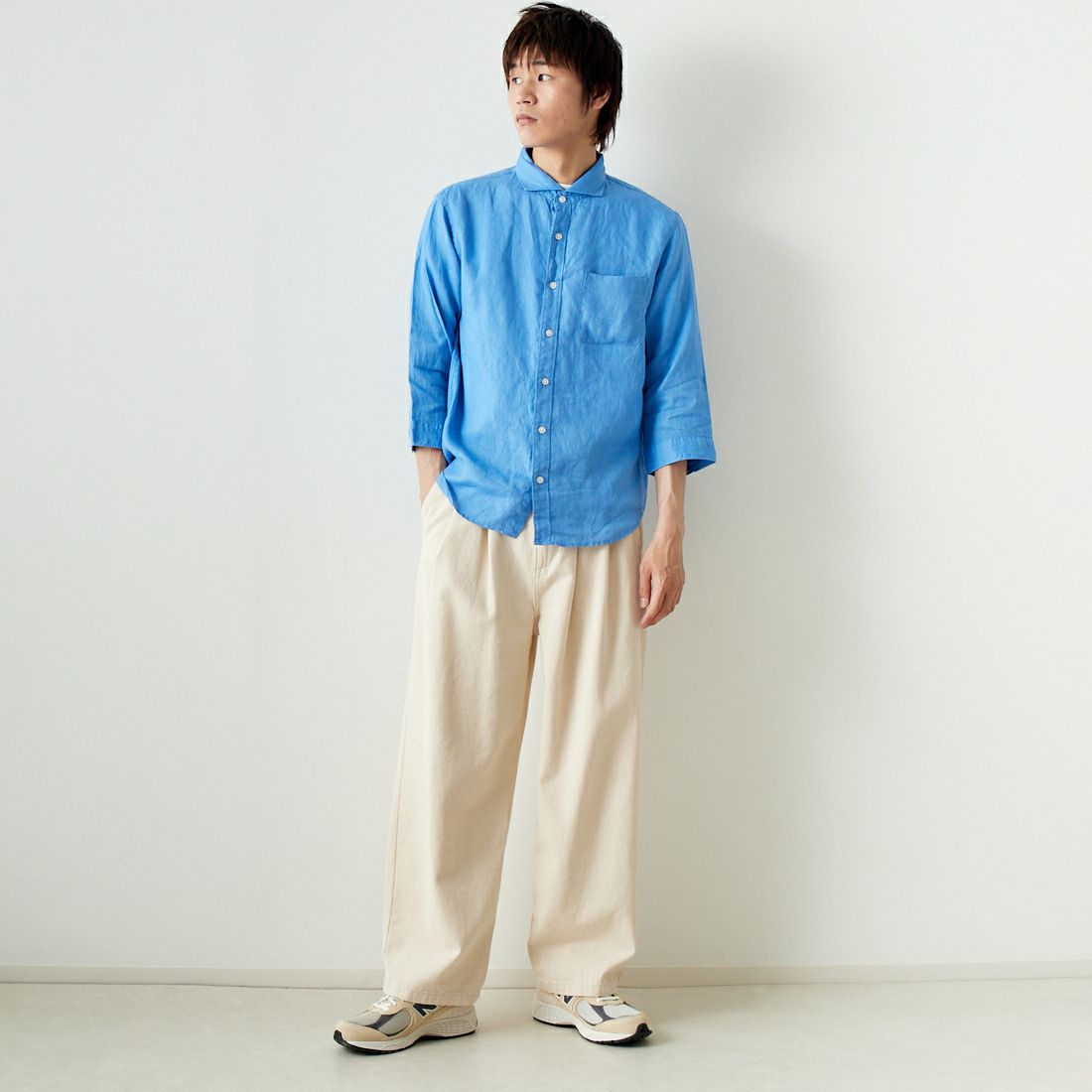 33Degrees [サーティスリーディグリーズ] フレンチリネン 七分袖シャツ [BFQ210] 520 BLUE &&モデル身長：182cm 着用サイズ：L&&