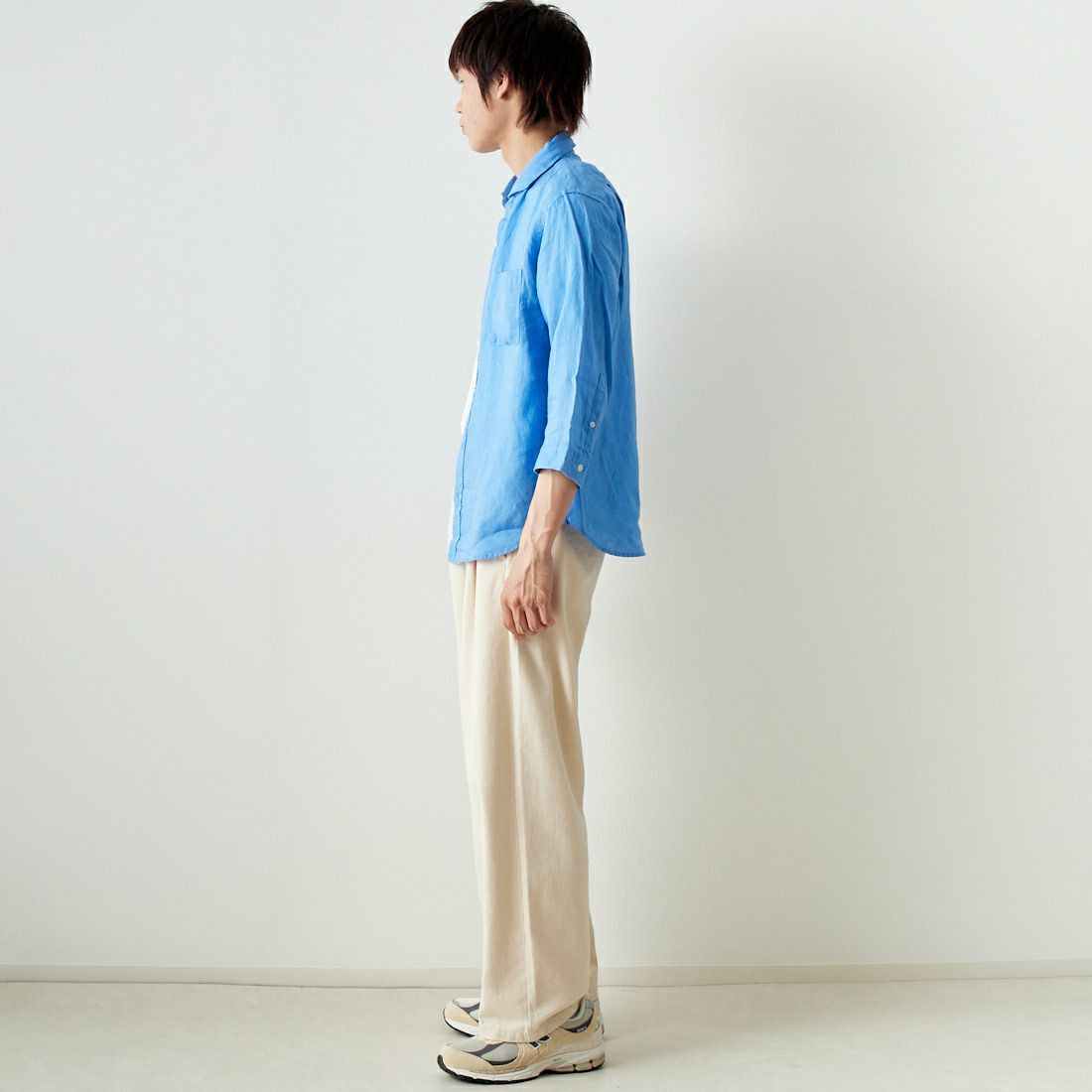 33Degrees [サーティスリーディグリーズ] フレンチリネン 七分袖シャツ [BFQ210] 520 BLUE &&モデル身長：182cm 着用サイズ：L&&