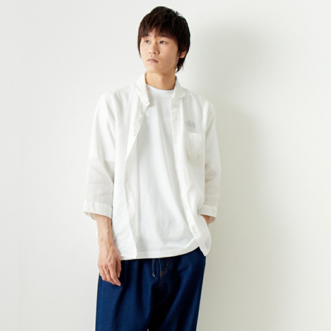 33Degrees [サーティスリーディグリーズ] フレンチリネン 七分袖シャツ [BFQ210] 010 WHITE &&モデル身長：182cm 着用サイズ：L&&