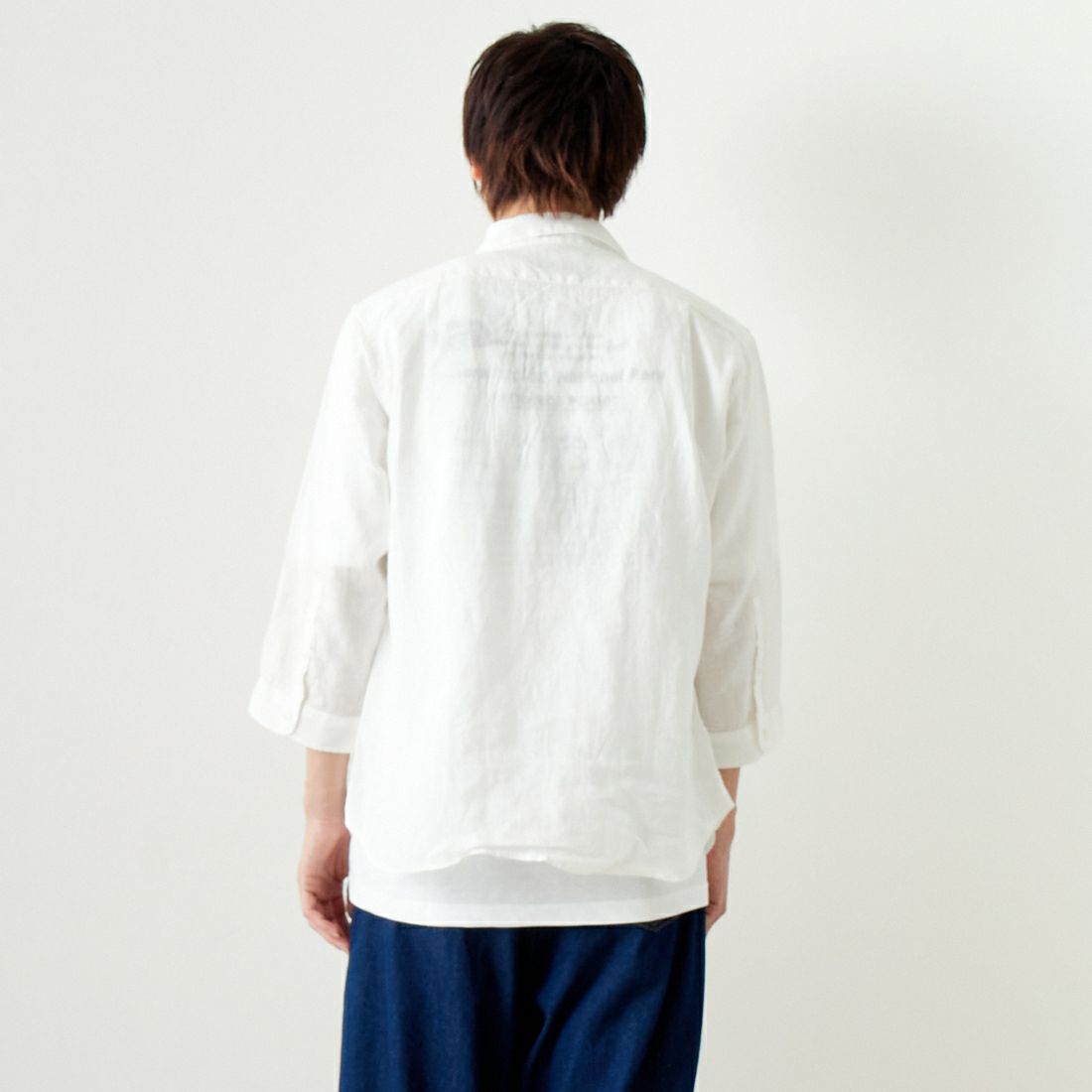 33Degrees [サーティスリーディグリーズ] フレンチリネン 七分袖シャツ [BFQ210] 010 WHITE &&モデル身長：182cm 着用サイズ：L&&