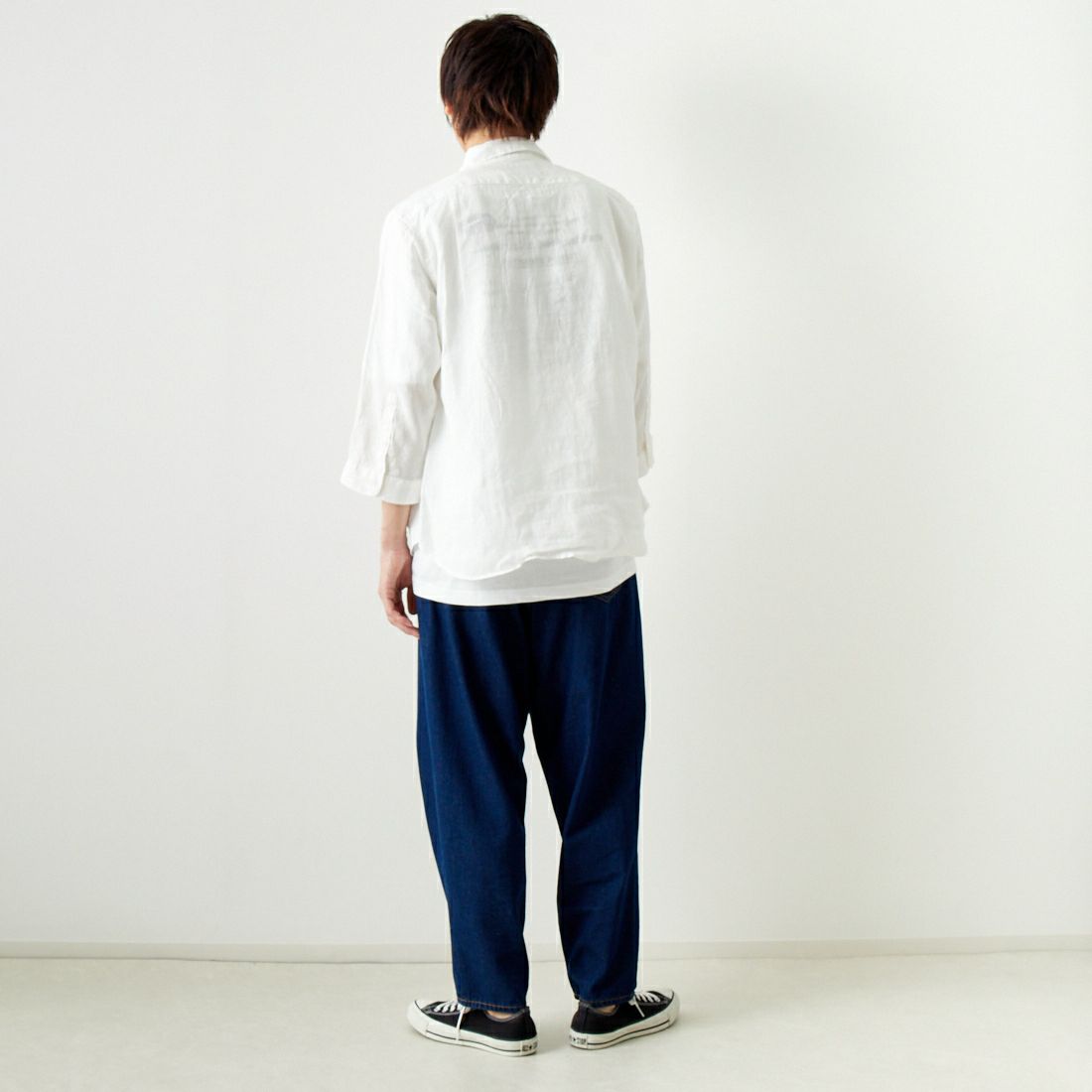 33Degrees [サーティスリーディグリーズ] フレンチリネン 七分袖シャツ [BFQ210] 010 WHITE &&モデル身長：182cm 着用サイズ：L&&