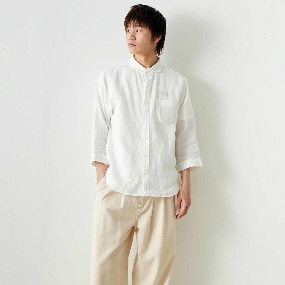 33Degrees [サーティスリーディグリーズ] フレンチリネン 七分袖シャツ [BFQ210] 010 WHITE &&モデル身長：182cm 着用サイズ：L&&