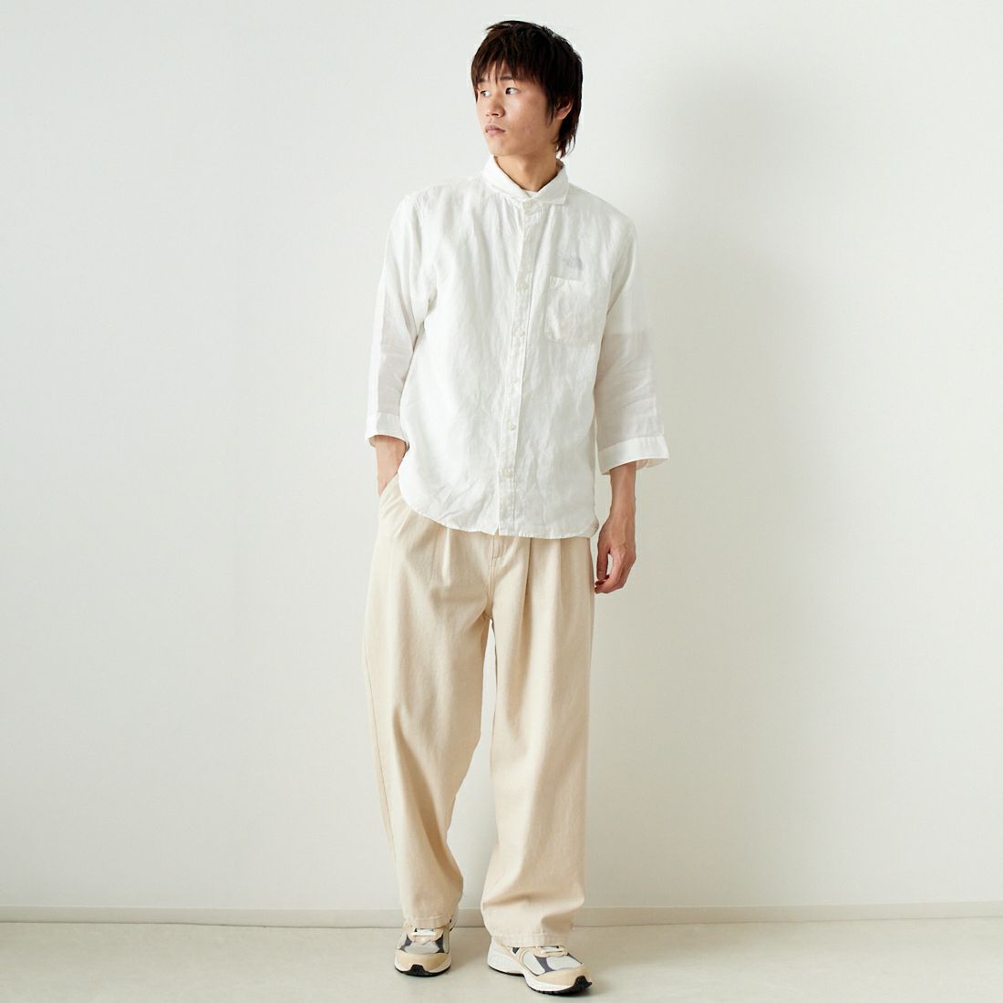 33Degrees [サーティスリーディグリーズ] フレンチリネン 七分袖シャツ [BFQ210] 010 WHITE &&モデル身長：182cm 着用サイズ：L&&