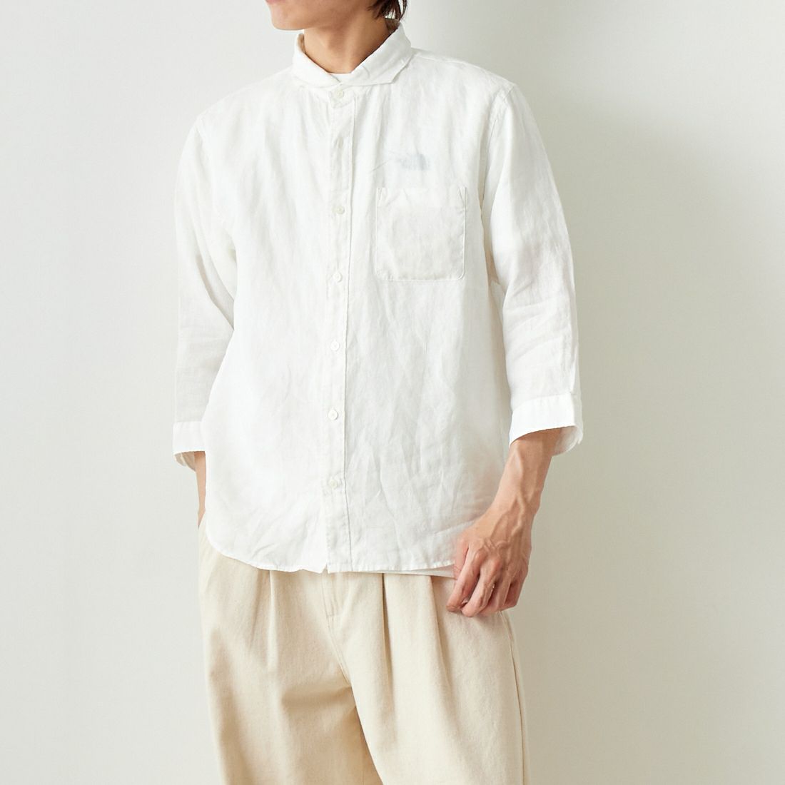 33Degrees [サーティスリーディグリーズ] フレンチリネン 七分袖シャツ [BFQ210] 010 WHITE &&モデル身長：182cm 着用サイズ：L&&