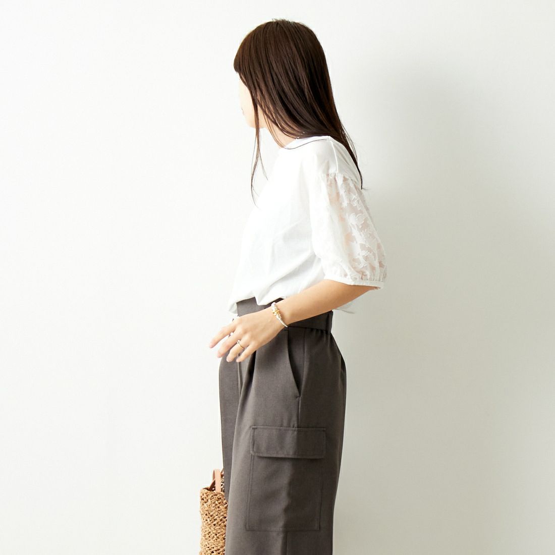 Jf Ready Made [ジェイエフレディメイド] 袖ジャガードTシャツ [3012107] 104 ｵﾌｼﾛ &&モデル身長：167cm 着用サイズ：F&&