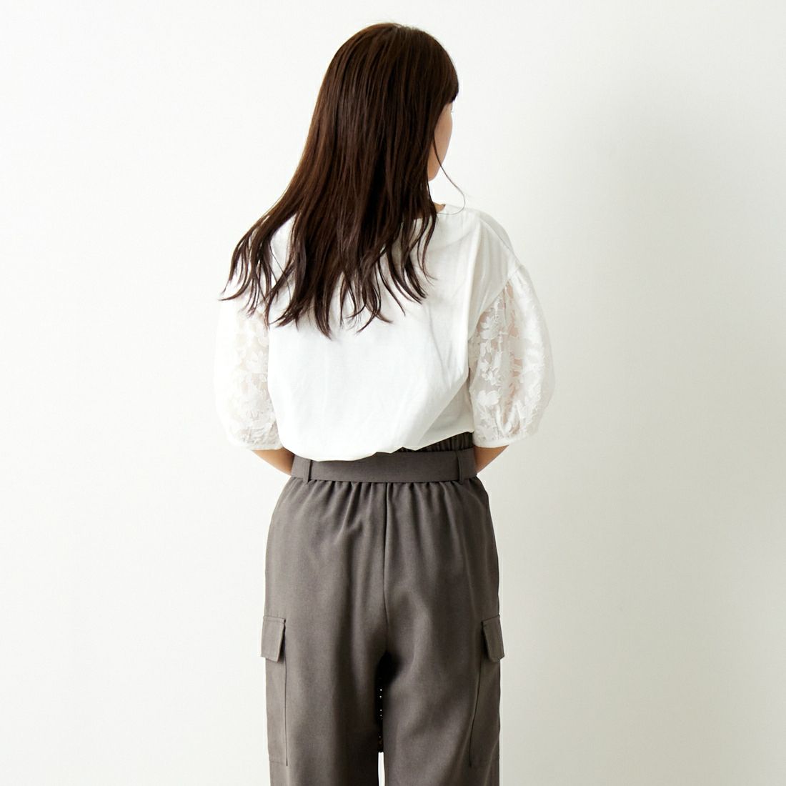 Jf Ready Made [ジェイエフレディメイド] 袖ジャガードTシャツ [3012107] 104 ｵﾌｼﾛ &&モデル身長：167cm 着用サイズ：F&&