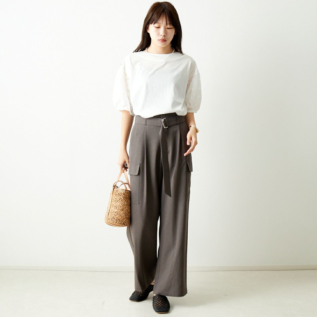 Jf Ready Made [ジェイエフレディメイド] 袖ジャガードTシャツ [3012107] 104 ｵﾌｼﾛ &&モデル身長：167cm 着用サイズ：F&&